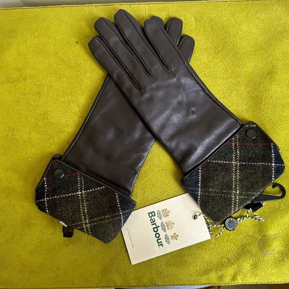 Barbour Lady Jane Leather Gloves S Choc/Green Tartan Cuffs Fleece Lined NOS